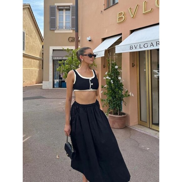 Contrast Binding Two-Piece Bikini Set With Button Accents Sz M Black/White - Picture 2 of 7